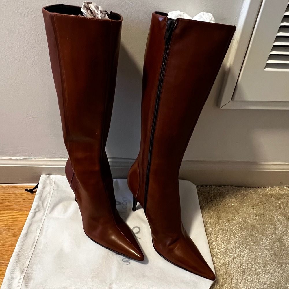 Vintage Charles David Italy Brown Leather Pointed Toe Stiletto Knee Boots 7.5